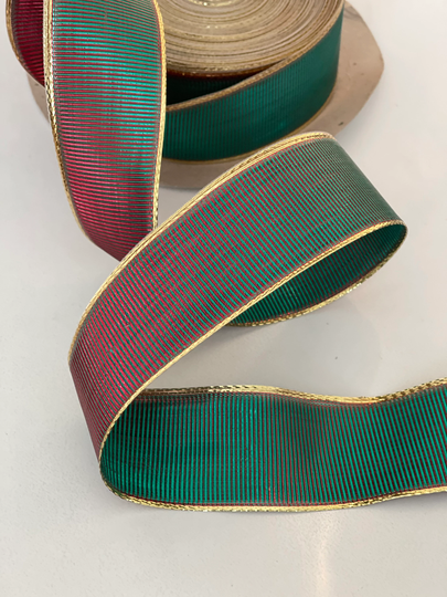 1 1/2" Shimmer 2 Tone Metallic Blended Holiday Woven Gold Edge, Rich Multi Colors Ombre' Blend Ribbon, Green/Gold