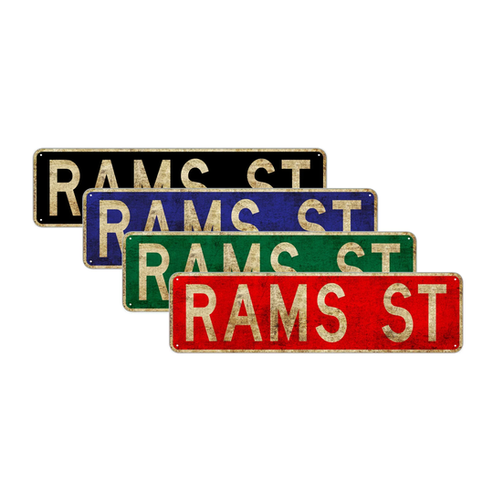 Rams St Vintage Sign | Retro Rustic Novelty For Man Cave Bar Garages Clubs Home Wall Decor Gift Aluminum Metal Plate