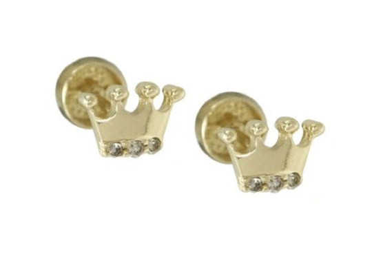 14K Gold Diamond Tiara Barbell Stud Earring, Crown Screw Back Gift For Her
