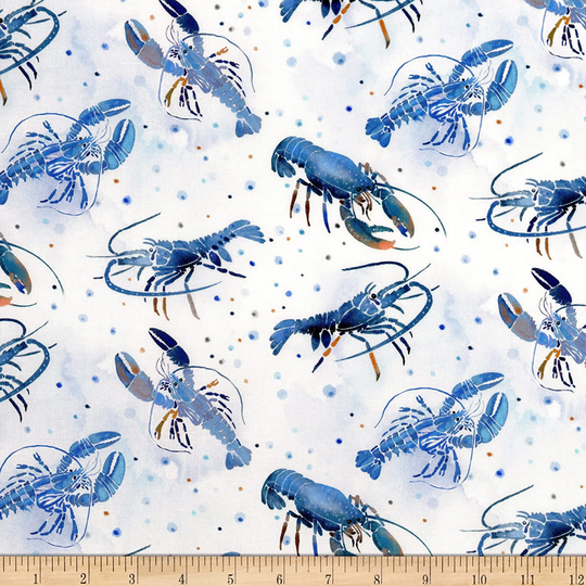 Lobsters Blue Ocean in White By Thomas For Little Digital Timeless Treasures 44 Wide Cotton Quilting Fabric Tt-Cd1301-White