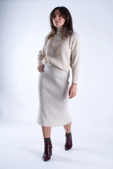 Wool Blend Rib Knit Midi Skirt in Oat White With Back Slit, S