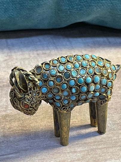 Rare Filigree Tibetan Nepalese Chinese Brass Figurine Turquoise & Coral Inlay, Natural Gem Stones, & Turquoise, Collectible