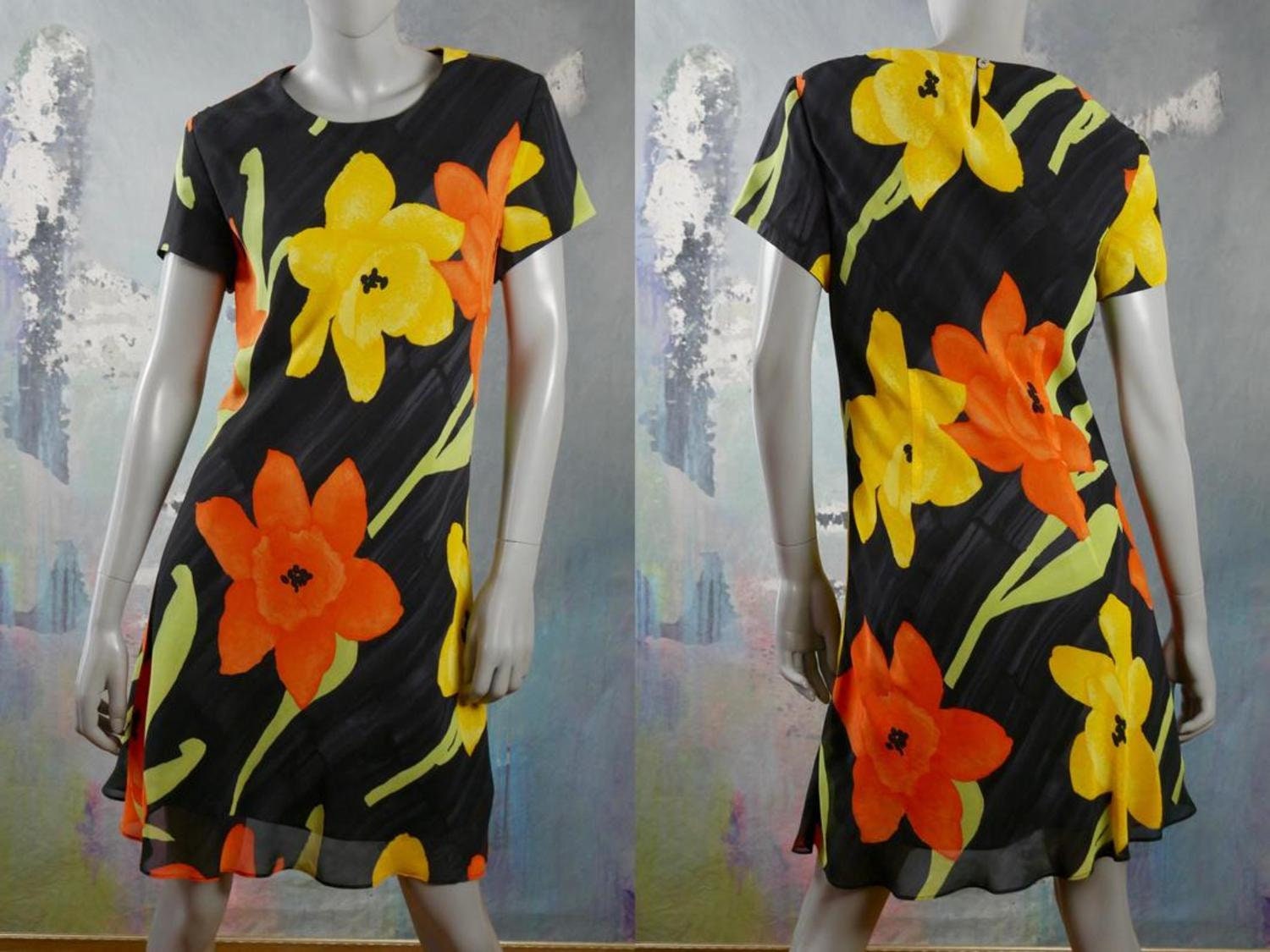 Short-Sleeve Summer Floral Dress, Black Orange Yellow 1990S Canadian Vintage Above-The-Knee Dress Size 10 Us, 14 Uk