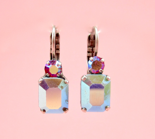 Spring Colored Small Blue Pink Earrings Rectangle With Cut Crystals Handmade Glass Stones in Cologne