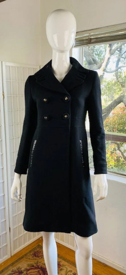 Anya Hindmarch, London, Wool Blend Black Frock Coat with Patent Leather Piping, Sm