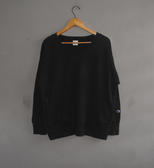 Vintage Champion 1990S V Neck Sweatshirt Size Large/Black Hipster Sweater Hip Hop Swag Pullover Jumper 90S Crewneck