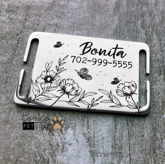 Custom Engraved Silent Pet Tag | Rose Butterfly Floral Outdoor Slide On Quiet Tags Dog & Cat Puppy Kitty