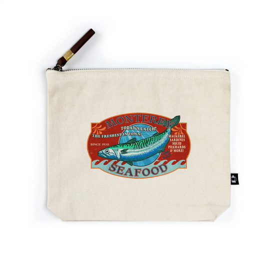 Organic Cotton, Zipper Go Bag, Monterey, California, Seafood, Vintage Sign, Contour, Unique, Unisex Travel, Accessory
