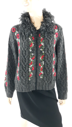 Women's Cardigan Sweater Wool Blend Large Textured Collar Gray Black Red Floral Beaded Gorgeous Lux Chic Vintage By Takako Sakom Size L