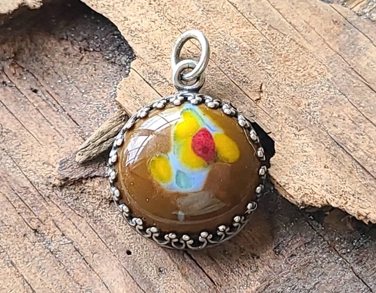 Brown Yellow Blue Red Abstract Handmade Fused Art Glass Cabachon Pendant, Jbb Silver Plated
