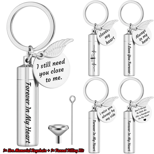 5 Styles Memorial Keychain For Ashes, Forever in My Heart Cremation Keychain, Miss You Keepsake Keychain, With Funnel Filling Kit, Wings Pendant