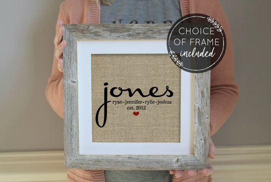 Personalized Family Name Sign | Framed Burlap Print Wedding Gift For Blended Housewarming House Warming