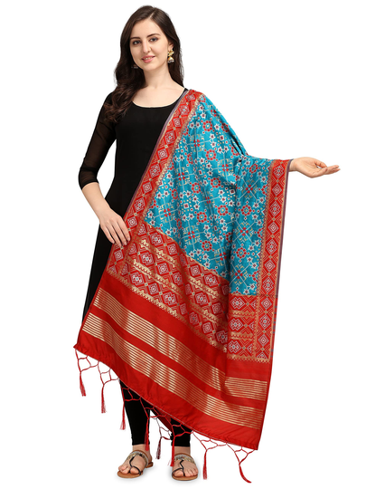 Women's Woven Silk Blend Patola Ikkat Dupatta/Chunni, Free Shipping Color - Firozi Tree