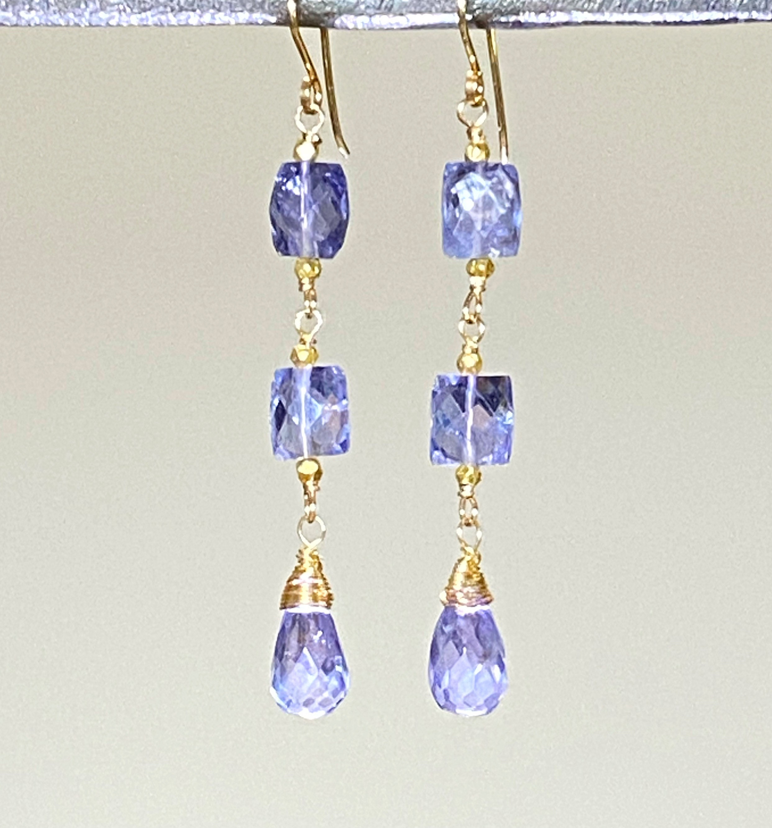 Long Blue Gem Earrings, Iolite Gemstone Dangle Earring, Boho Wire Wrap Gold Fill Jewelry, Mom Gift For Her