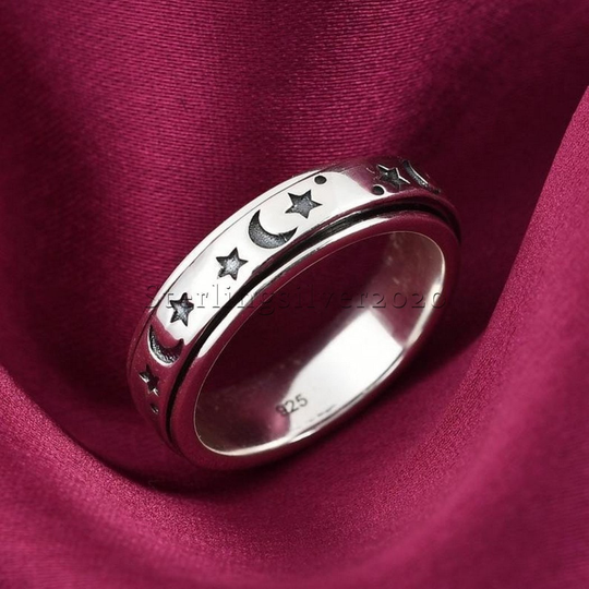 Moon & Stars Spinner Ring, Stress Relieving Meditation Boho Band Ring For Men & Women, Rings For Women, Engraved