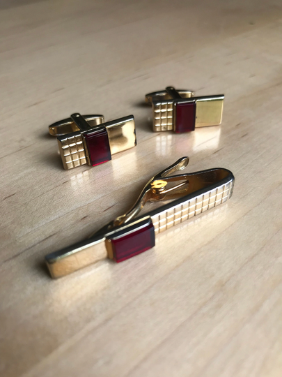 Vintage 1960S Foster Gold Tone Tie Clip & Cufflinks Set With Faux Red Gem Mid Century Men's Shirt Accessories