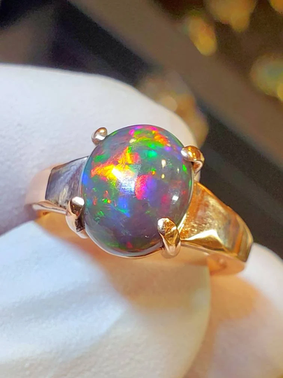 Rose Gold Ring, 14K Solid Engagement Black Opal Fire Natural