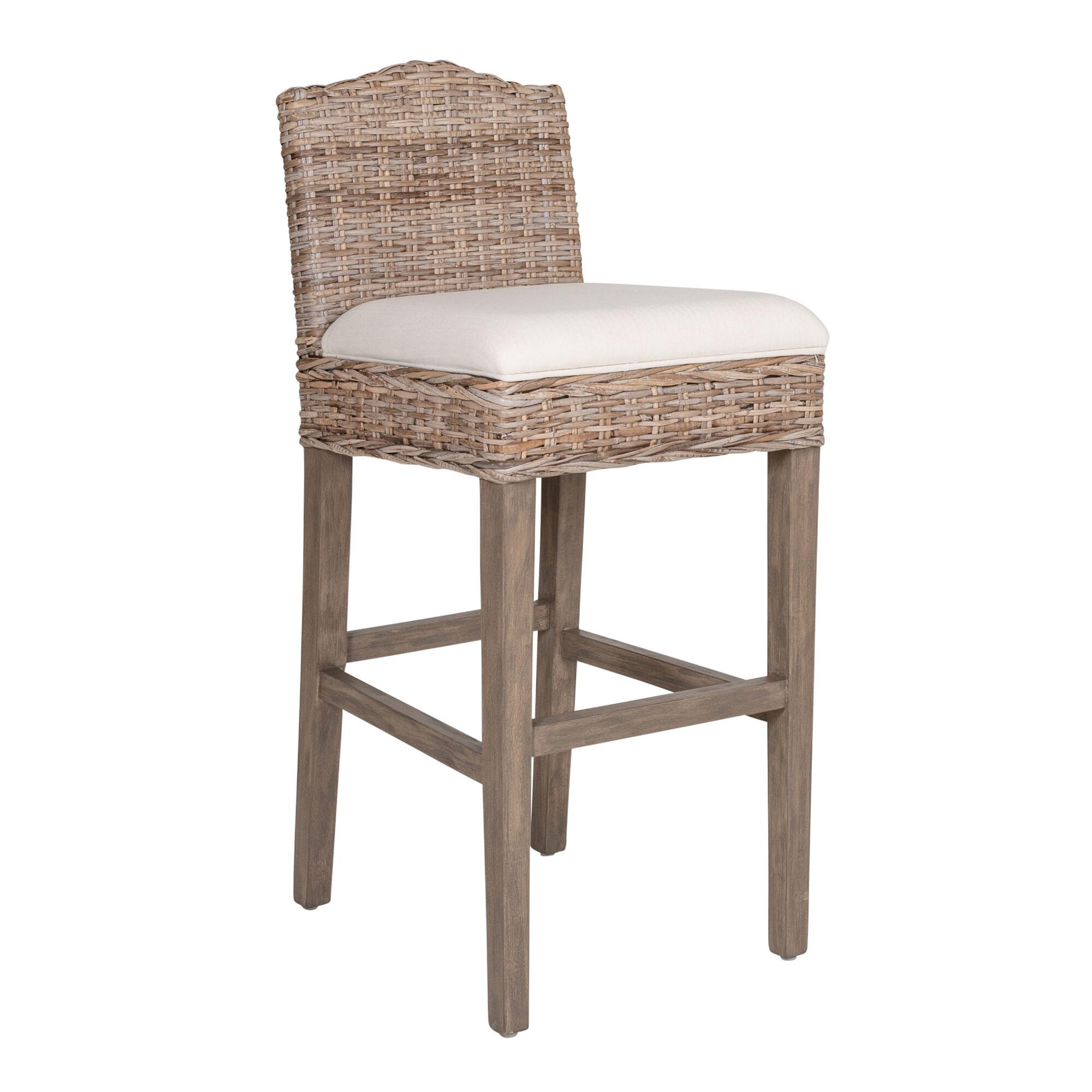 Light Gray Rattan and Teak Bea Barstool with Cushion: Natural - Natural Fiber by World Market