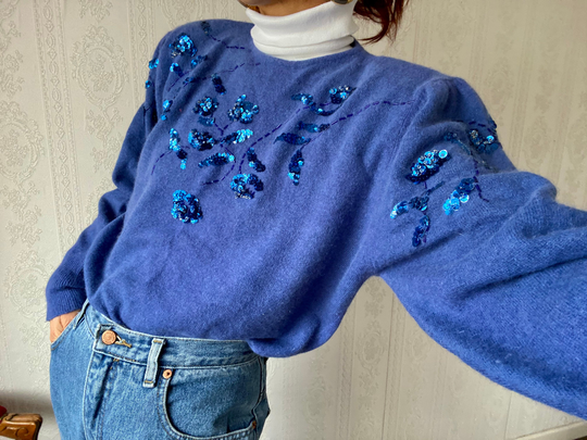 Vintage Angora Blend Sequinned Floral Mutton'o Jumper/ Sweater/ L