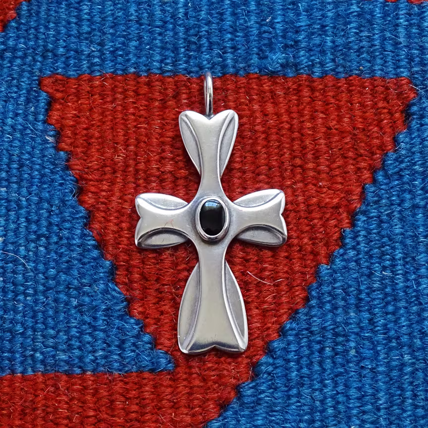 Vintage 1980 Southwestern Black Onyx + Sterling Cross Necklace Pendant With Provenance