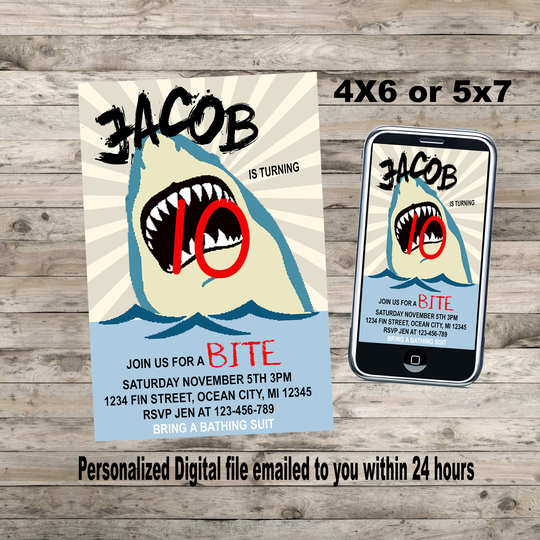 Pool Party Invitation, Boys, Shark, Birthday, Party, Invite, Personalized, Digital, Printable, Summer, Beach, Swimming