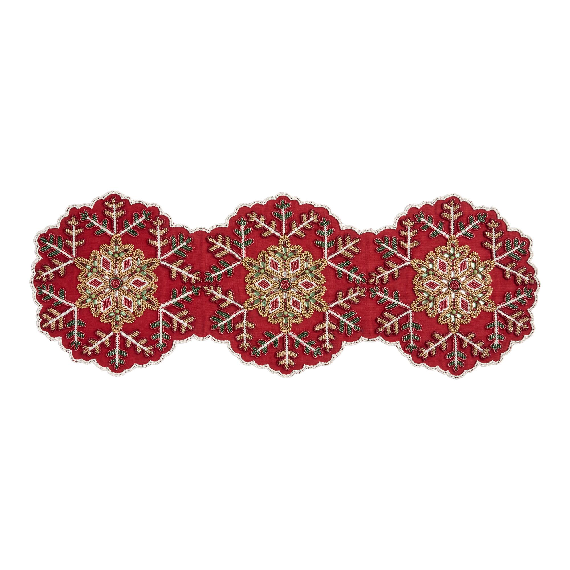 Pier Place Red Beaded Snowflake Table Runner: Multi - Cotton by World Market