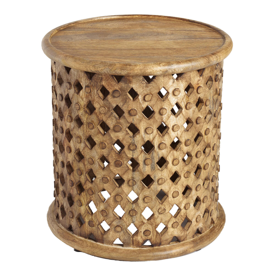 Round Aged Driftwood Carved Wood Lattice Accent Table: Brown by World Market
