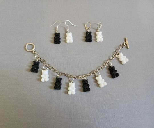 Soft Goth White & Black Gummy Bear Bracelet Earrings With Hypoallergenic Backs Of Your Choice