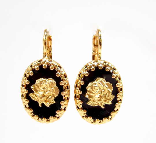 Wonderful Rose Earrings Black Gold Real Plated Vintage Glass Gem Cameo 1960 Handmade in Cologne