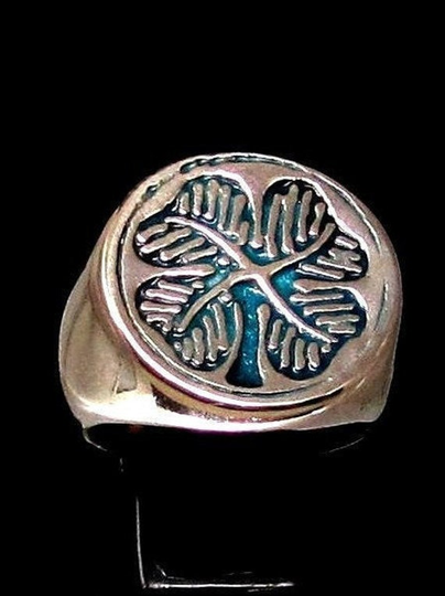 sterling Silver Lucky Charm Ring Shamrock 4 Leaved Irish Clover Symbol Ireland in Blue Enamel High Polished 925 Men's