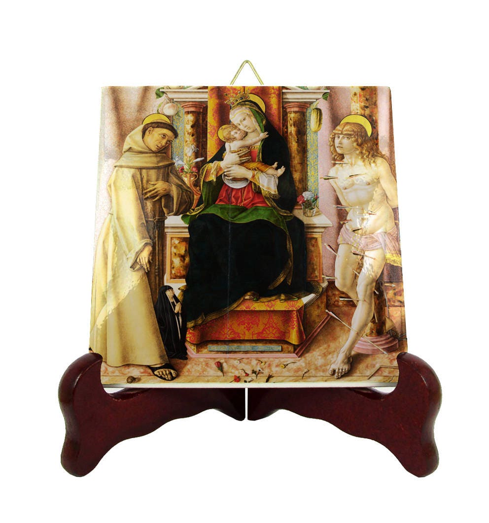 Religious Art - Virgin & Child With Saint Francis Sebastian Icon On Ceramic Tile Catholic Gifts Reinassance Holy