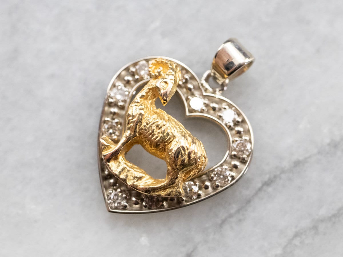Diamond Heart Aries Zodiac Pendant, Two Tone Gold Mixed Era Ram Layering Birthday Gift L3K7U281