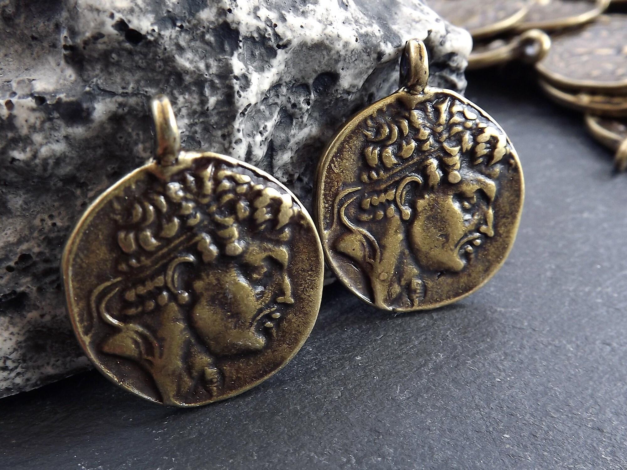 Bronze Alexander Coin, Greek Coin Pendant, Medallion Tetradrachm Of The Seleucid, King Balas, Antique Bronze, 2Pc