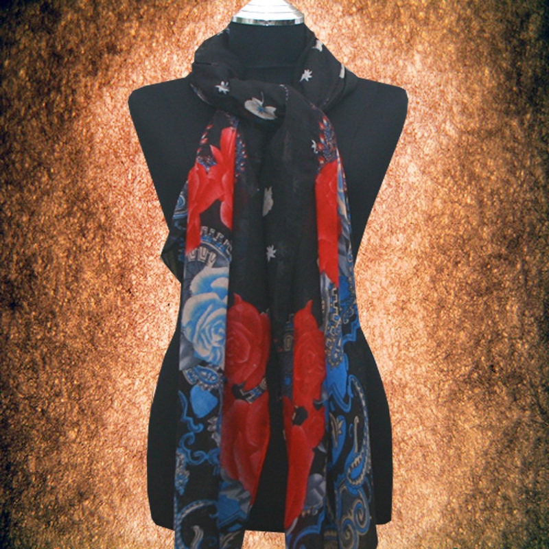 Vintage 80's Floral Artwork Cotton Blend Scarf Muffler Free Size