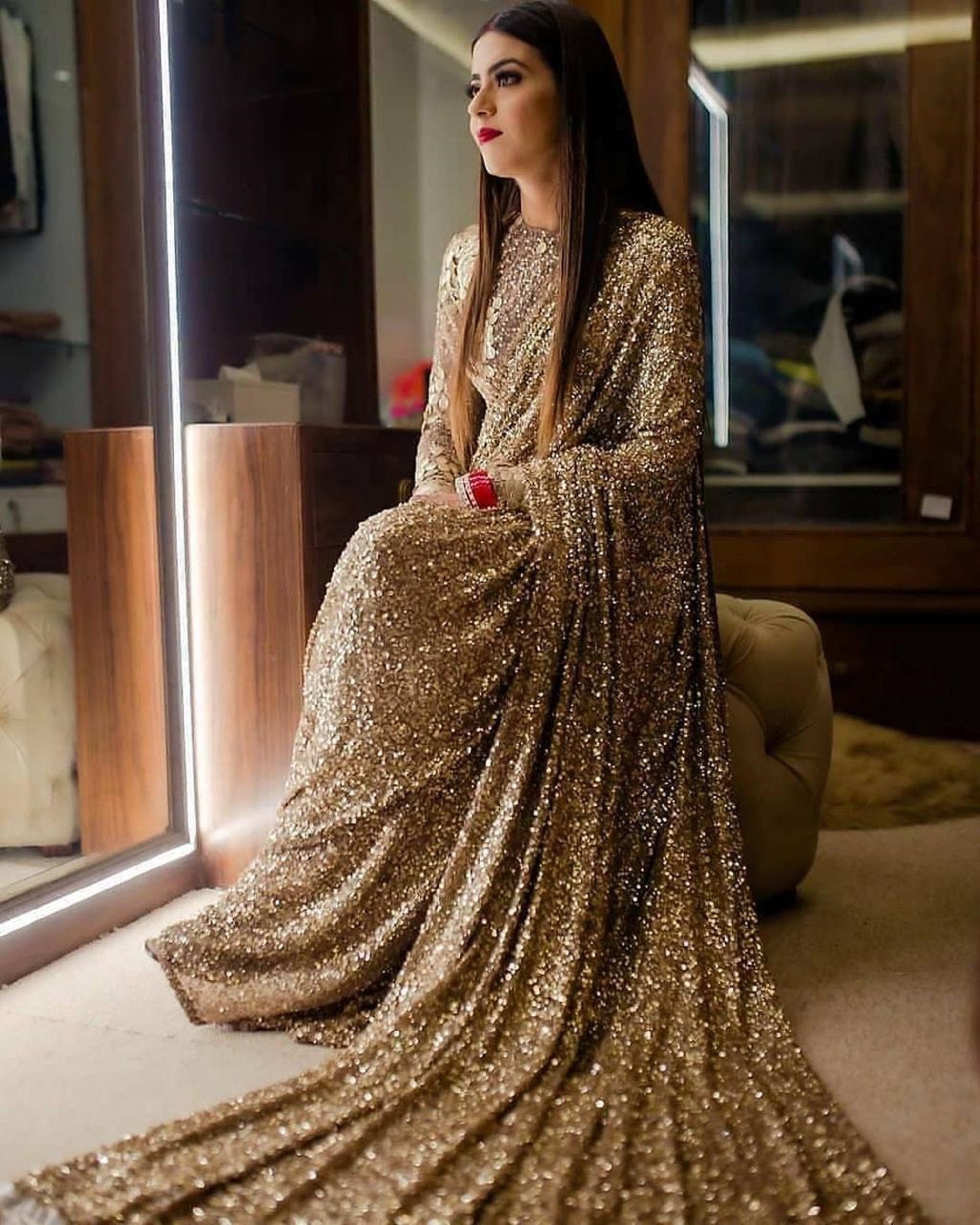 Gold Color Shimmer Party Wear Sequence Saree Sequins Sari Glitter Shimmering Cocktail Dresses Blouse Free Shipping