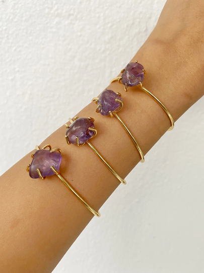 Raw Amethyst Gold Cuff Healing Crystal Ring Bracelet Bangle Birthstone February Gemstone