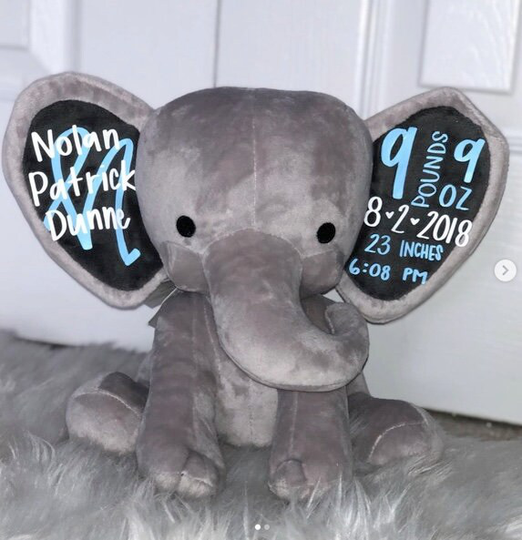 Baby Boy Announcement Keepsake Girl New Arrival Personalized Blue Gray Elephant Custom Birthday, Mother's Day, Gift