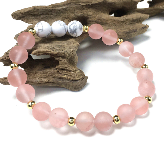 Howlite& Matte Watermelon Quartz Bracelet, Natural Gemstone Bracelet Handmade Meditation Healing Energy Beads For Men Women Gift