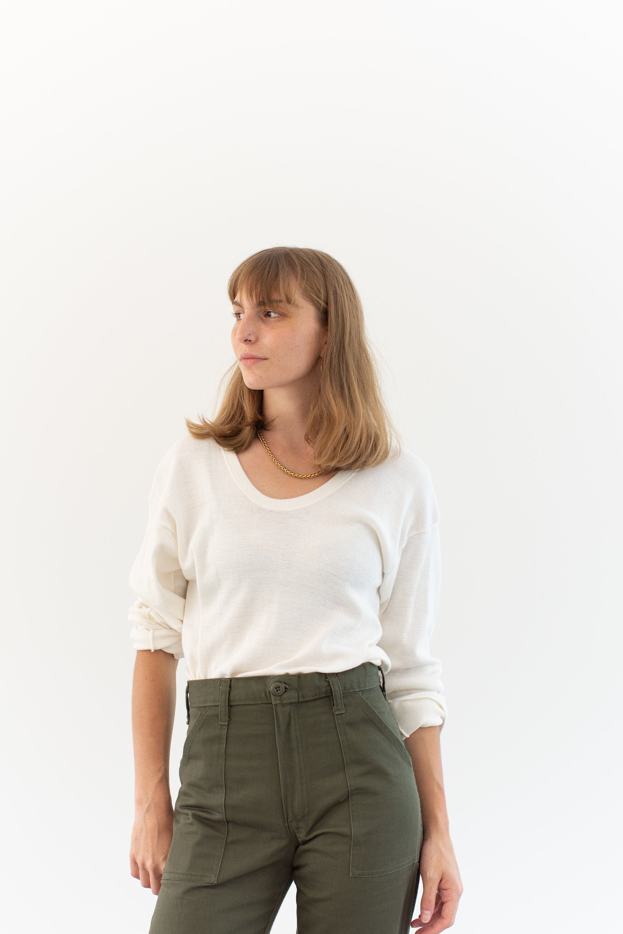 The Malmo Thermal | Vintage Cotton Blend White Long Sleeve Thermal Scoop Neck Layer M L