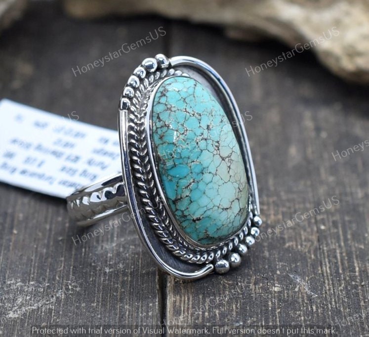 Tibet Turquoise Ring 8 Us Silver | Handmade Ring, Statement Birthstone Cabochon Vintage Anniversary Gift A44