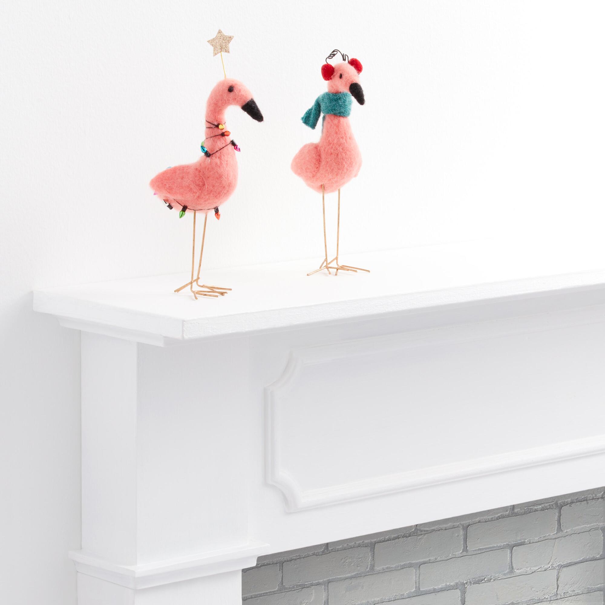 Pink Felted Wool Holiday Flamingos Decor Set of 2 by World Market