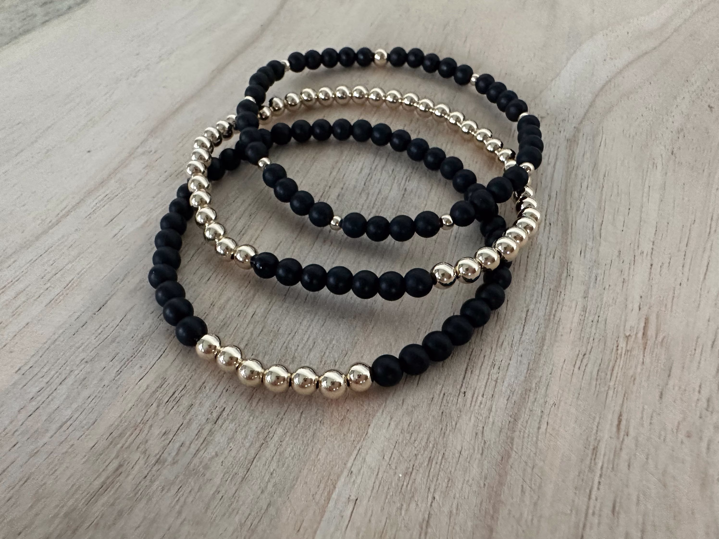 Onyx Bracelet Stack, Black & Gold Bracelet, 14K Beaded