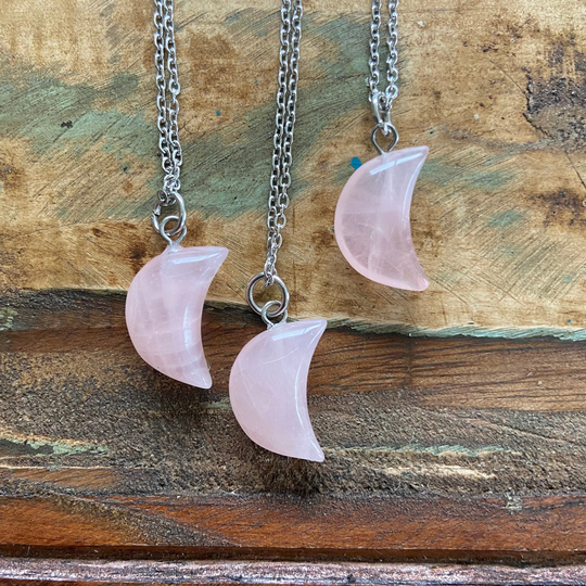 Rose Quartz Necklace. 304 Surgical Stainless Steel Chain. Moon Crescent Natural Stone Pendant