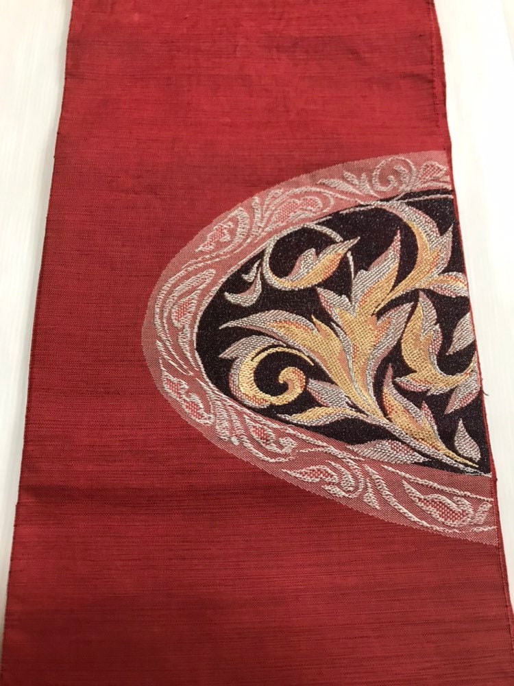 Linen Obi Red Black Blend Kimono Robe Sash Metallic Leaf Embroidery Nagoya Japanese Fabric Runner - Free Express Ship From Japan