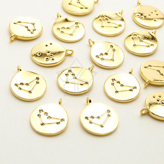 Pd-1873-Gd/2 Pcs - Zodiac Sign Charm, Cz Constellation Pendant, Capricorn, December, January Birthday, Gold Plated Brass 10mm
