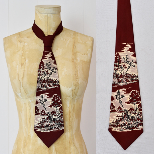 1940S Duck Hunt Dog Novelty Print Burgundy Rayon Tie
