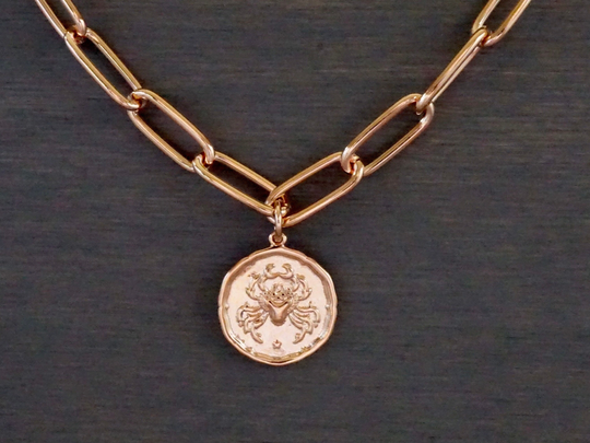 Rose Gold Zodiac Medallion On Paper Clip Chain Necklace 3/4 Inch Coin, Horoscope Star Sign Layering Chunky Necklace Jewelry Gift For Women