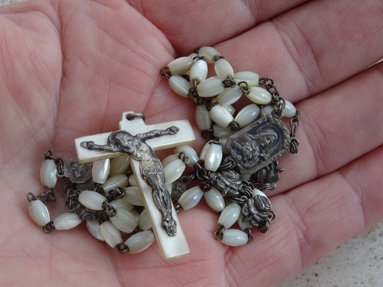 Religious Antique French Catholic Rosary With White Mother Of Pearl Beads, Center & Cross Crucifix Holy Jesus Christ. | K 18