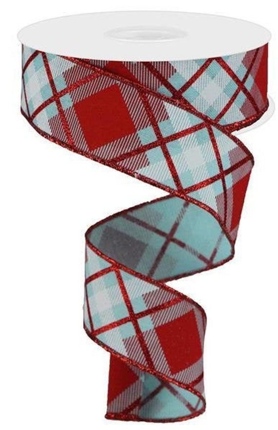 Christmas Wired Ribbon By The Roll Red Aqua Glitter Plaid 1.5 X 10 Yard Roll