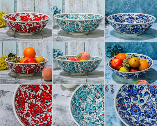 Ceramic Hand Painted Salad Bowl, Turkish Handmade Fruit Decorative Popcorn Serving Large Bowl